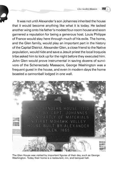 Black and white photo of the Glen Sanders House marker, behind a short iron fence. Featured in Schiffer Publishing, Ltd.’s "Ghosts of NY's Capital District," the site links to John Glen and its 1713 construction.