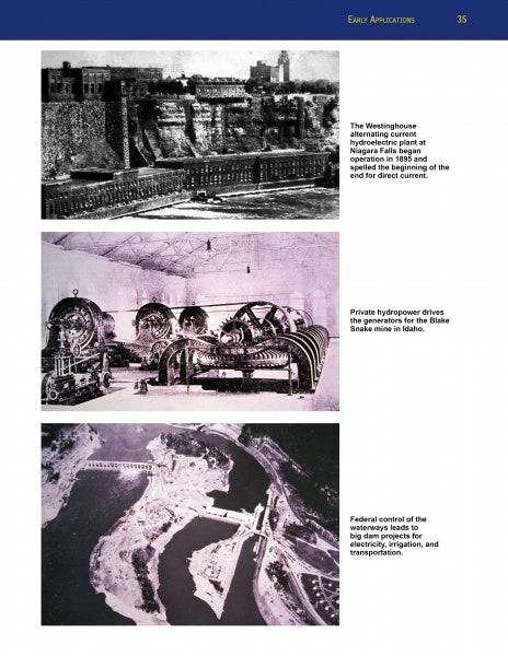 Three vintage black-and-white photos in "The Hybrid Electric Home" by Schiffer Publishing, Ltd. show early renewable energy: a Niagara Falls power plant, an Idaho hydropower generator room, and an aerial dam view producing electricity.