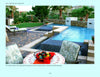 A luxurious backyard from Schiffer Publishing, Ltd.’s *The Sustainable Landscape* features a pool, spa, and patio, with eco-friendly, water-efficient landscaping around a round table with fruit and patterned chairs in the foreground.