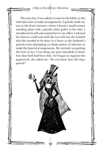 An illustration of a woman in Victorian mourning dress stands to the left, gesturing with one hand raised. Text from "The Upside of Undertaking" by Schiffer Publishing, Ltd. shares mortuary stories; page 52 is shown at the bottom.