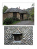 Two images from Stone in Traditional Architecture by Schiffer Publishing, Ltd.: the upper shows a rustic stone cottage with shingle roof and lush surroundings; the lower features a close-up of its textured stone-tiled roof with a small window.
