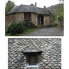 Two images from Stone in Traditional Architecture by Schiffer Publishing, Ltd.: the upper shows a rustic stone cottage with shingle roof and lush surroundings; the lower features a close-up of its textured stone-tiled roof with a small window.