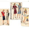 Three vintage dress pattern envelopes from "A Century of Fashion" by Schiffer Publishing, Ltd. showcase 1940s women’s styles—puffed sleeves, tailored skirts, blouses—with pairs of models illustrating the era’s distinctive looks.