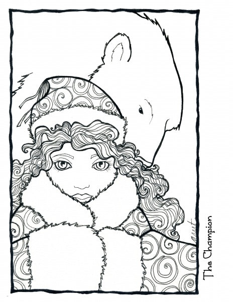 A black-and-white line drawing from "The Journey Coloring Book" by Schiffer Publishing, Ltd. shows a girl in a fur-trimmed coat and hat with swirling patterns, standing before a large, protective bear. The image is titled "The Champion.