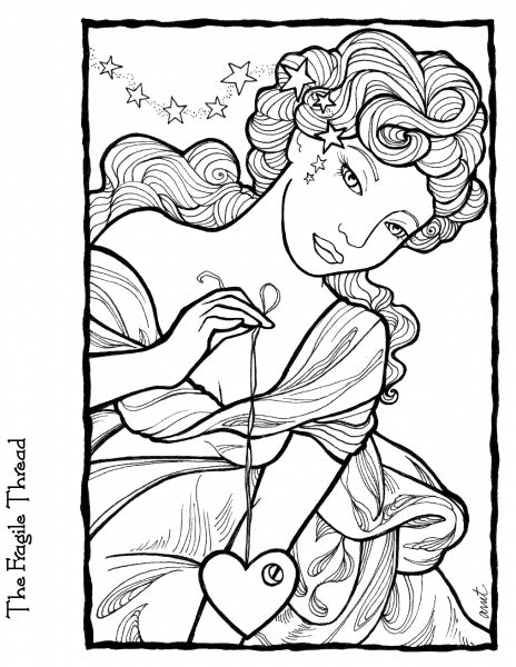 A black and white illustration from The Journey Coloring Book by Schiffer Publishing, Ltd. shows a woman with flowing hair holding a thread attached to a heart, stars decorating her hair, with "The Fragile Thread" on the left side.