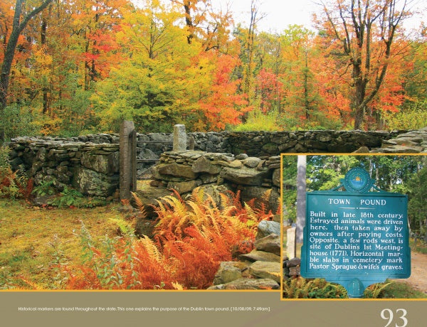 Amid autumn trees, the Dublin Town Pound—featured in "New Hampshire" by Schiffer Publishing, Ltd.—offers a striking photo spot. An inset reveals a green sign about its 18th-century role holding stray animals.