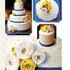 The Art of the Wedding Cake by Schiffer Publishing, Ltd. features a three-tier white cake with yellow and white paper-like flowers and yellow dots, creatively displayed from various angles on a blue base.