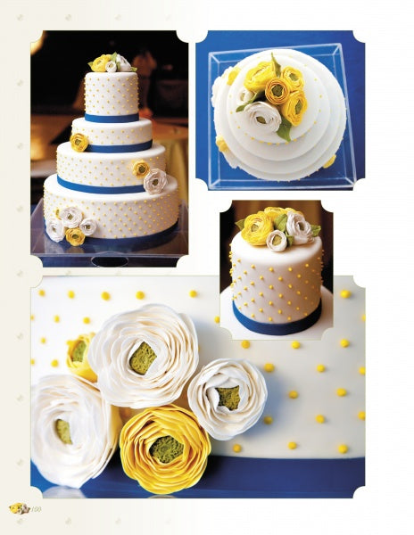 The Art of the Wedding Cake by Schiffer Publishing, Ltd. features a three-tier white cake with yellow and white paper-like flowers and yellow dots, creatively displayed from various angles on a blue base.