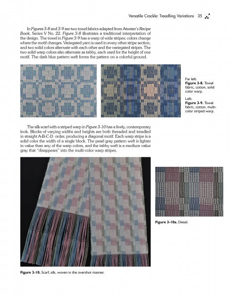 A page from Weave Classic Crackle & More by Schiffer Publishing, Ltd. shows photos of blue, gray, and tan woven samples with descriptions and diagrams explaining crackle weave patterns, treadling options, and design methods.