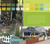 A collage for "Beach Boundaries" by Schiffer Publishing, Ltd. features colorful swatches, text on SoCal beach outdoor design, and two photos: gardens with white picket fences and homes with lush landscaping and outdoor seating.