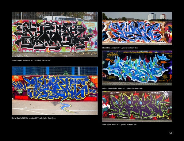 A collage from "100 UK Graffiti Artists" by Schiffer Publishing, Ltd. features five vibrant murals with stylized lettering and urban scenes, captioned with London and Berlin locations from 2011 and 2013.