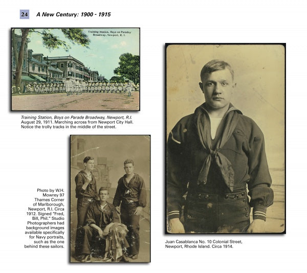 A historic scrapbook page features three items from "The Newport Naval Training Station" (Schiffer Publishing, Ltd.): a colorized 1911 parade photo on Broadway, Newport, RI, and two early 1900s sepia portraits of boys in sailor outfits with detailed captions.