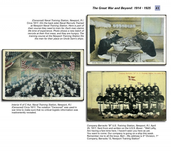 A collage from 'The Newport Naval Training Station' by Schiffer Publishing, Ltd. features four 1914–1925 photos of U.S. Navy sailors: dining in halls, eating together, posing in uniform, and sharing a meal outdoors at Newport Naval Training Station.