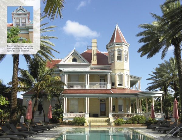 Florida's Historic Victorian Homes by Schiffer Publishing, Ltd. features a grand red-roofed Florida Victorian with a tower and wraparound porch, a palm-lined pool, and a close-up inset highlighting ornate Victorian gable details.