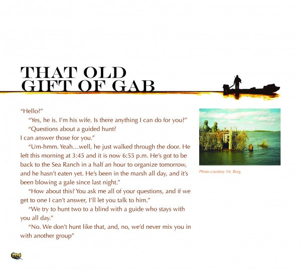 A magazine page titled That Old Gift of Gab features a dialogue from My Life Pile by Schiffer Publishing, Ltd., discussing guided hunting and outfitter secrets. A small photo shows two people fishing on a lake with trees in the background.