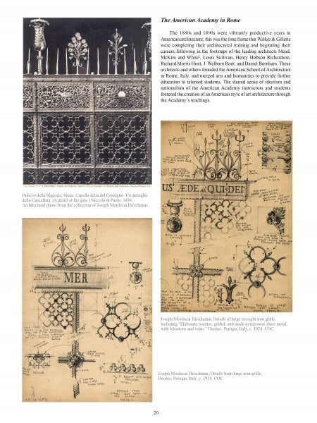 A page from *Walker & Gillette, American Architects* by Schiffer Publishing, Ltd. features black-and-white photos and hand-drawn sketches of wrought iron gates and panels with English and French labels reflecting Art Deco influence.