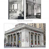 Historic black-and-white interiors and a modern color exterior of East River Savings Bank, highlighting Art Deco columns by Walker & Gillette, featured in "Walker & Gillette, American Architects" from Schiffer Publishing, Ltd.