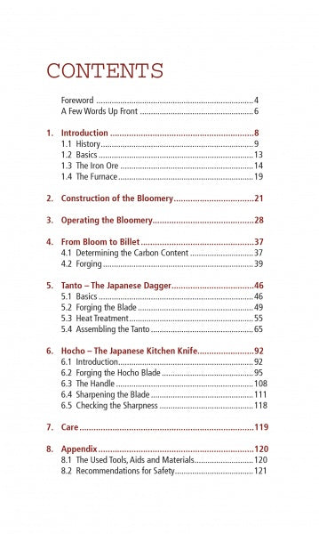 The table of contents for "Forging Japanese Knives for Beginners" by Schiffer Publishing, Ltd. includes sections like Introduction, Bloomery Construction & Operation, From Bloom to Billet, Forging Hocho, Knife Care, and Appendix with page numbers.