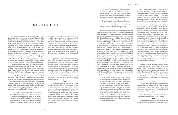 A double-page spread from "The European Porcelain Tobacco Pipe" by Schiffer Publishing, Ltd. displays the Introduction on pages 12-13, featuring dense, justified black text about antique porcelain pipes with wide margins and no images.
