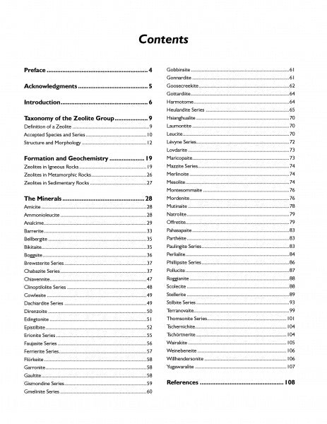 The Collector's Guide to the Zeolite Group by Schiffer Publishing, Ltd. features a table of contents with sections like Preface, Taxonomy, Formation, and Zeolite minerals, providing collectors detailed insights and page numbers.