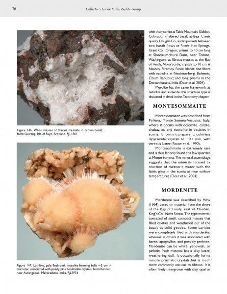 The Collector's Guide to the Zeolite Group by Schiffer Publishing, Ltd. features photos of fibrous mesolite in brown basalt and peachy, radiating pectolite, alongside info about zeolite minerals for collectors.