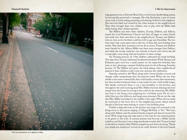 A photo of a quiet, leaf-strewn street borders a book page from "Haunted Charlotte" by Schiffer Publishing, Ltd., featuring ghost stories about a historic intersection.