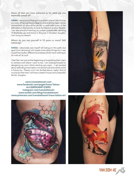A magazine page features an interview with tattoo artist Ivana, showcasing striking tattoos—a bee, geometric fish, and red fox. Includes contact info, website links, and recommends "The Modern Masters of Tattooing" by Schiffer Publishing, Ltd.