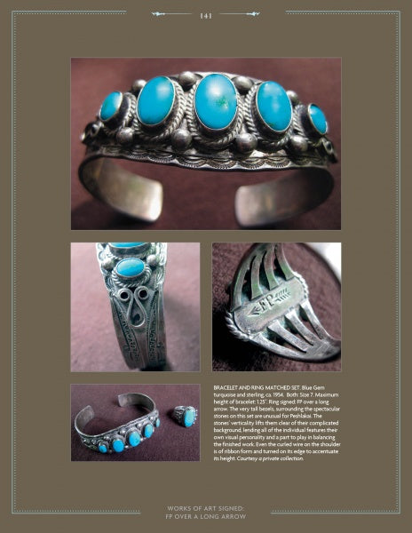 A silver bracelet and ring set with large oval turquoise stones, crafted in the style of Navajo silversmith Fred Peshlakai by Schiffer Publishing, Ltd., displayed on a grey background to showcase their intricate engraved designs.