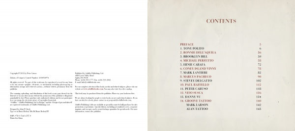 An open copy of "It Is What It Is" by Schiffer Publishing, Ltd. displays the copyright/publication page on the left and a table of contents with chapter titles on Brooklyn tattoo history and traditional American tattooing on cream paper in serif font.