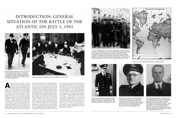 A two-page magazine spread features black-and-white WWII naval officer photos, a world map, and meetings. The text from Schiffer Publishing’s "The German U-Boat Base at Lorient, France, Vol. 2" covers U-boat roles in the Battle of the Atlantic as of July 1, 1941.