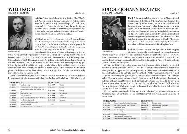 Two black-and-white pages from Schiffer Publishing’s "Knight's Cross Holders of the Fallschirmjäger" feature Willi Koch and Rudolf Johann Kratzert, with portraits, WWII service histories, Knight's Cross details, and battle tables.