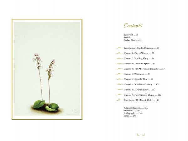 A botanical illustration of two pink wildflowers adorns the left page, while the right features a gold and black table of contents—echoing Mary Vaux Walcott’s style—in "The Life and Times of Mary Vaux Walcott" by Schiffer Publishing, Ltd.