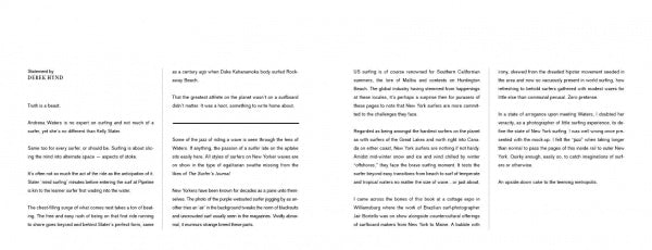 An essay titled "Tenth & Beast" by Drew Kamp appears in "Surf NYC" by Schiffer Publishing, Ltd. The three-column spread explores surf subculture, the Atlantic Ocean, personal stories, and surfing's meaning on a white background.