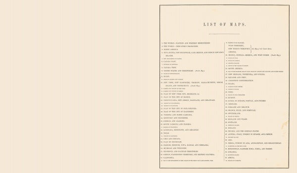 A scanned vintage page from Mitchell's New General Atlas 1860 by Schiffer Publishing, Ltd. displays a two-column, numbered map list on a blank beige left side—an authentic 1860 atlas reproduction for historical map enthusiasts.