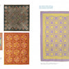 Four vintage quilts with intricate patterns and various colors are showcased on a white background with labels. The largest, an American Heroes Quilts, Past & Present design by Schiffer Publishing, Ltd., features a yellow and purple interlocking motif.