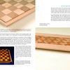 A page from "Laminated Wood Art Made Easy" by Schiffer Publishing, Ltd. displays three photos of wooden chessboards at different construction stages, with text on woodworking basics, symmetrical wood patterns, and wood moisture effects.