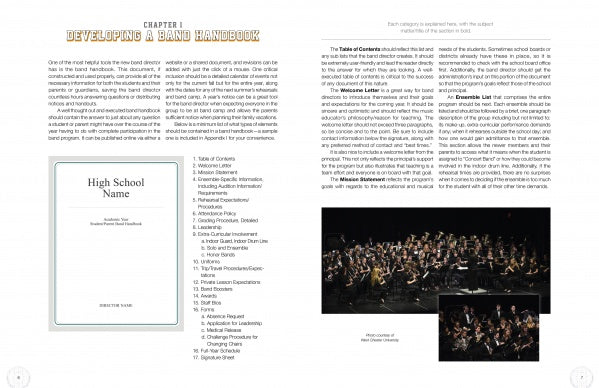 Marching Band Techniques by Schiffer Publishing, Ltd. features a handbook layout, tips for rehearsal, a sample table of contents, a handbook cover, and a large photo of a high school marching band performing on stage with instruments.