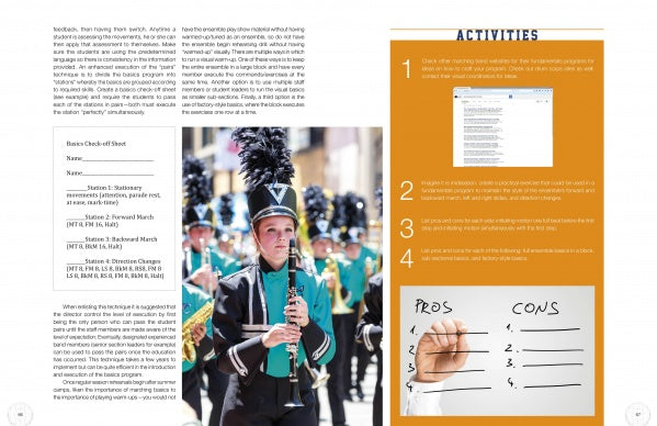 A high school marching band member in a green uniform plays clarinet, demonstrating skills from "Marching Band Techniques" by Schiffer Publishing, Ltd. Nearby are handwritten instructions and a Pros and Cons list on paper.