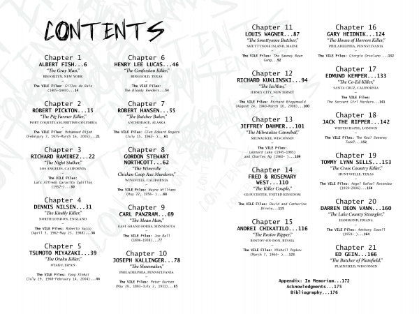 The table of contents for "Vile: Peeking Under the Skin of Murderers" by Schiffer Publishing, Ltd. lists 22 serial killer chapters, each with names, page numbers, and true crime summaries under a bold "CONTENTS" heading.