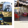 Two pages from "Vintage Trailer Voyeur" by Schiffer Publishing, Ltd. showcase custom trailer culture: a silver Airstream and blue trailer outside on one page, and a tan trailer with an awning, red chairs, and table on the other.