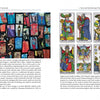On the left page of "Tarot at a Crossroads" by Schiffer Publishing, Ltd., a tarot collage appears, while the right page features six vibrant French-titled cards and text on therapeutic tarot in representational readings.