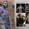 A heavily tattooed man in sunglasses and a fur coat poses against a brick wall. On the right, four images from Ink ’N Guys by Schiffer Publishing, Ltd. display detailed tattoo photography with striking back, arm, and chest art. Text overlays the images.