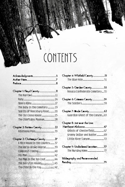 A table of contents page from Haunted Northwest Georgia by Schiffer Publishing, Ltd. features a snowy forest scene and lists chapters by county with story titles like The Narrows and Ghost at the Over the Line, plus numbered sections.