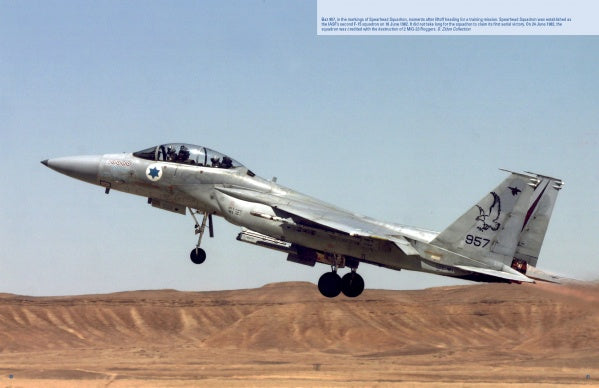 A fighter jet with Israeli Air Force markings takes off from a desert runway, as featured in "The Raptors" by Schiffer Publishing, Ltd., highlighting its role in Operation OPERA and historic aerial victories.
