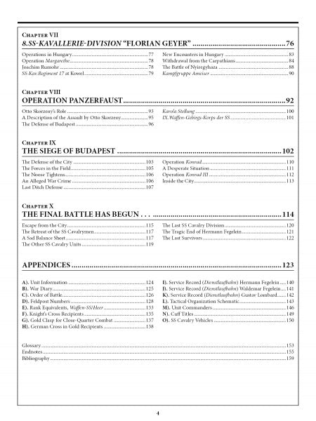 Table of contents listing chapters VII–X and appendices from "The 8th Waffen-SS Cavalry Division Florian Geyer" by Schiffer Publishing, Ltd., covering Operation Panzerfaust, Siege of Budapest, the final battle, and appendices with page numbers.