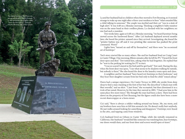 A bronze soldier statue stands on a pedestal outdoors among trees at a Georgia military base, honoring Sgt. Rich Buckholz. Featured in "Mysteries of Georgia's Military Bases" by Schiffer Publishing, Ltd.; eyewitness accounts and article text appear nearby.
