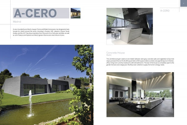 A two-page magazine spread in Schiffer Publishing, Ltd.'s "Modern Masters" showcases a minimalist concrete house by a pond, with large windows and an open-plan kitchen—exemplifying cutting-edge architecture.