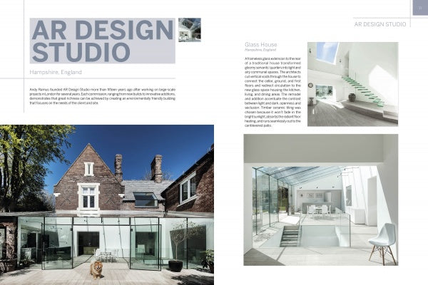 A spread in "Modern Masters" by Schiffer Publishing, Ltd. showcases AR Design Studio’s Hampshire project: a historic brick home with a modern glass extension on one page and a bright, minimalist glass interior on the other.