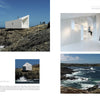 Modern Masters by Schiffer Publishing, Ltd. showcases a white geometric structure on rocky coastlines, minimalist white interiors with a wood stove, and innovative architecture surrounded by ocean waves and blue skies.