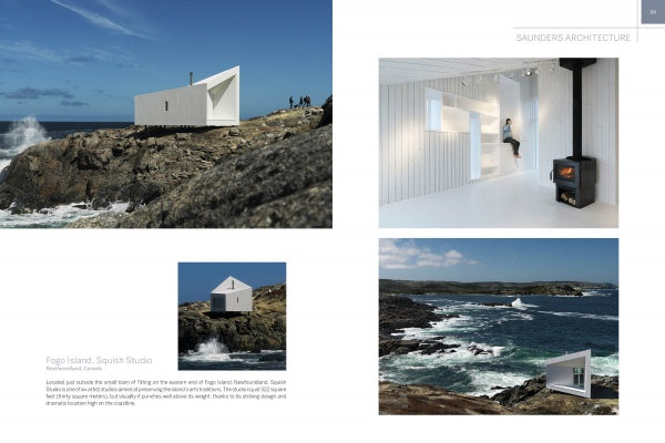 Modern Masters by Schiffer Publishing, Ltd. showcases a white geometric structure on rocky coastlines, minimalist white interiors with a wood stove, and innovative architecture surrounded by ocean waves and blue skies.